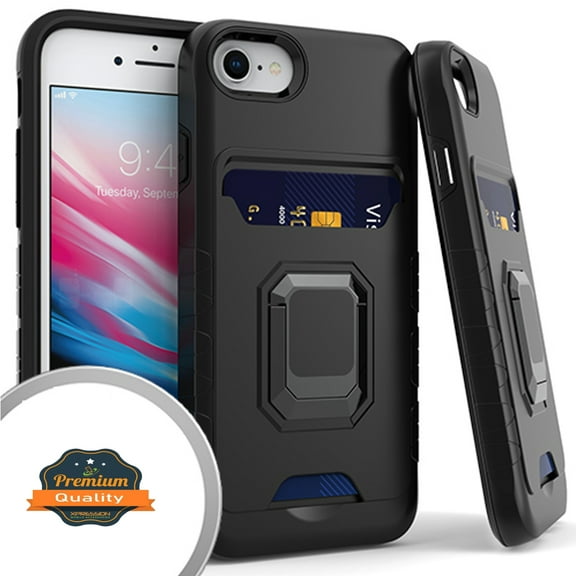 Xpression Cover for Apple iPhone SE 3 (2022) SE/8/7 Wallet Credit Card Slot Holder with Ring Kickstand Back Heavy Duty Shockproof Hybrid Phone Case - Black