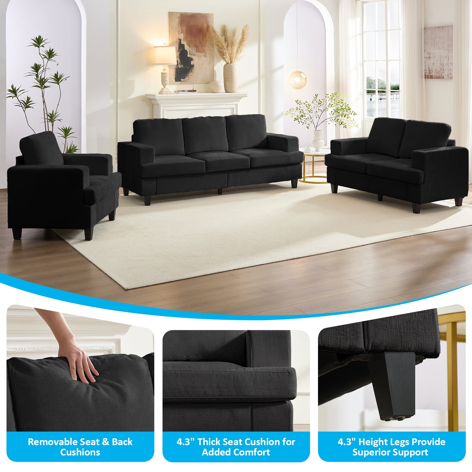 Puremind 3 Piece Living Room Furniture Sets, Modern Chenille Sofa Set for Living Room/Small Spaces, Sofa, Loveseat and Armchair, Dark Gray