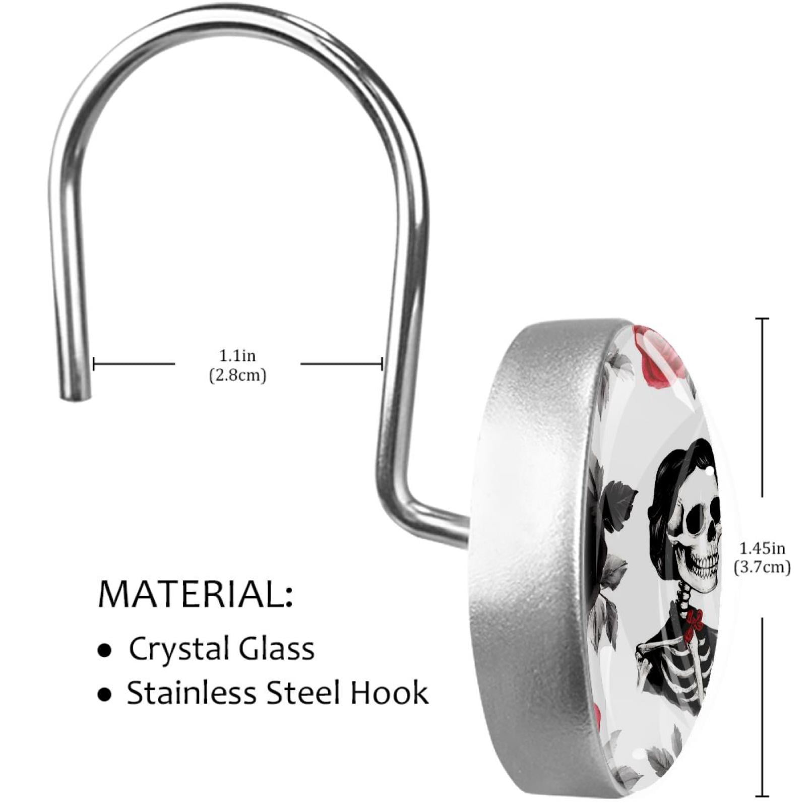 Skeleton Lover Black Red Roses Shower Curtain Hooks Round Crystal Glass, Set of 12 Shower Curtain Rings - Shower Hooks for Curtain Shower Rings