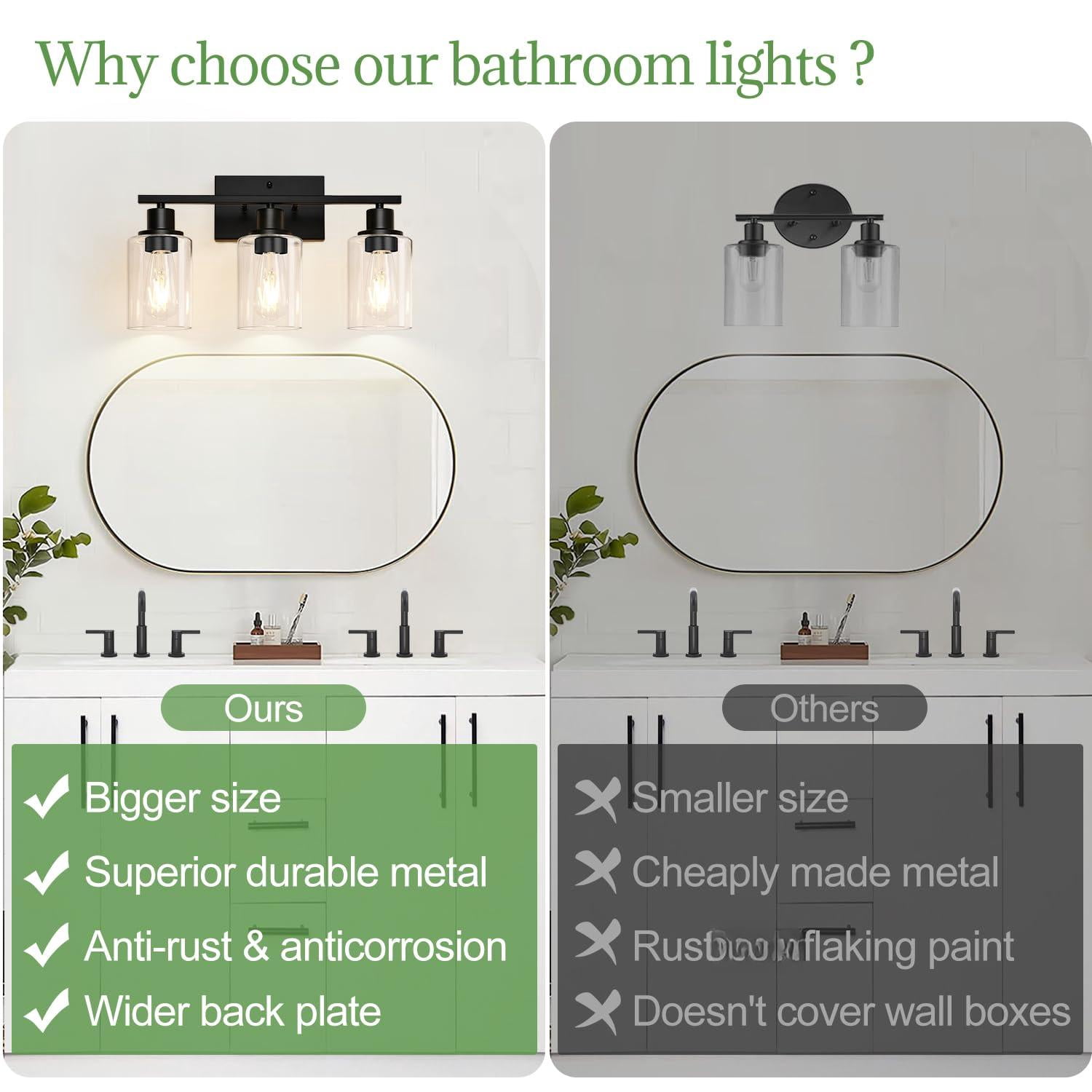 3 Light Bathroom Fixtures  Matte Black Modern Vanity Lights With Clear Glass Shade Wall Lamp For Mirror Kitchen Living Room Hallway Cabinet Porch