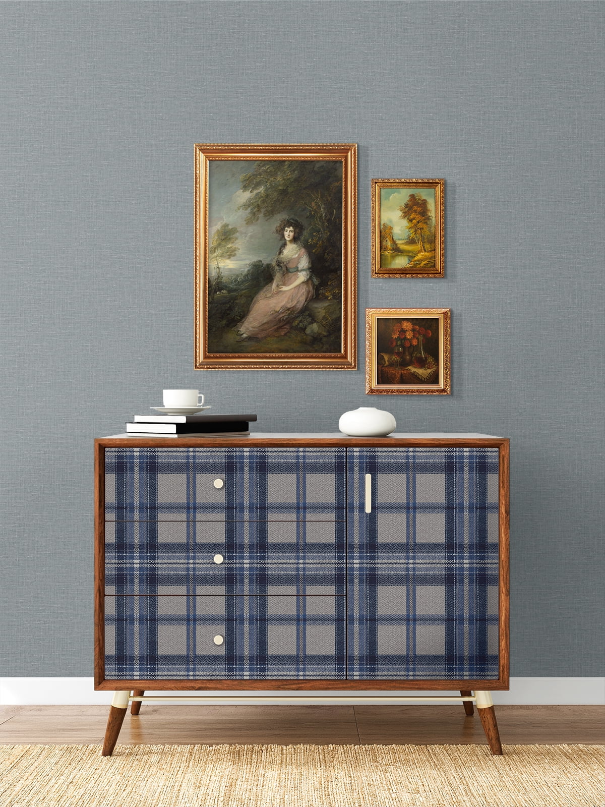 Harry & Grace Blue Smoke Herringbone Plaid Premium Matte Non-Woven Peel and Stick Wallpaper - 20.5 in. W x 18 ft. L Roll