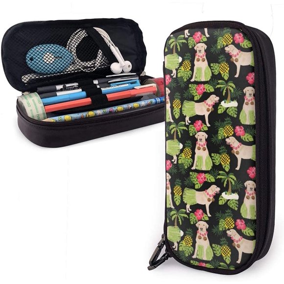 Leather Pencil Case Beach Dog Yellow Labrador Pineapple Large Pen Bag Big Organizer Stationery Bag Gr
