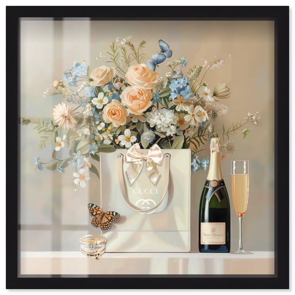 Jewelry and Bow Shopping Bag Shadowbox Print Fashion Floral Art by Art Remedy, Black Frame, 12 x 12