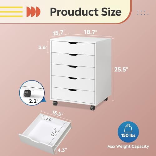 Kelno Rolling File Cabinet Under Desk Lateral Filing Storage Organizer with Lockable Casters Mobile Printer Stand, White