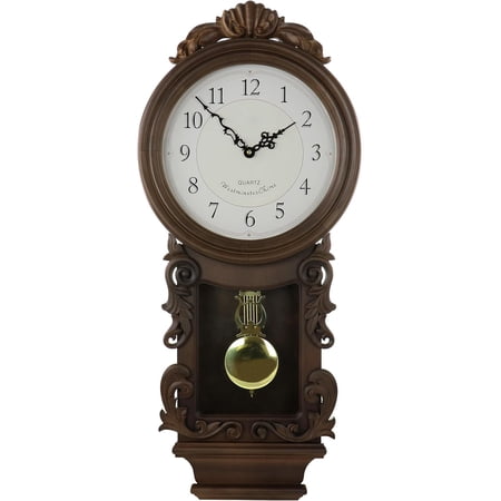 Chestnut Chiming Pendulum Wall Clock with Golden Accents, 4 Chime Options and Sleep Mode