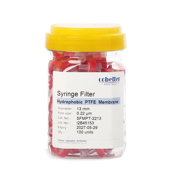 Filtro de jeringa COBETTER, 13 mm, PTFE, 0,22 μm, tamaño de poro, paquete de 100