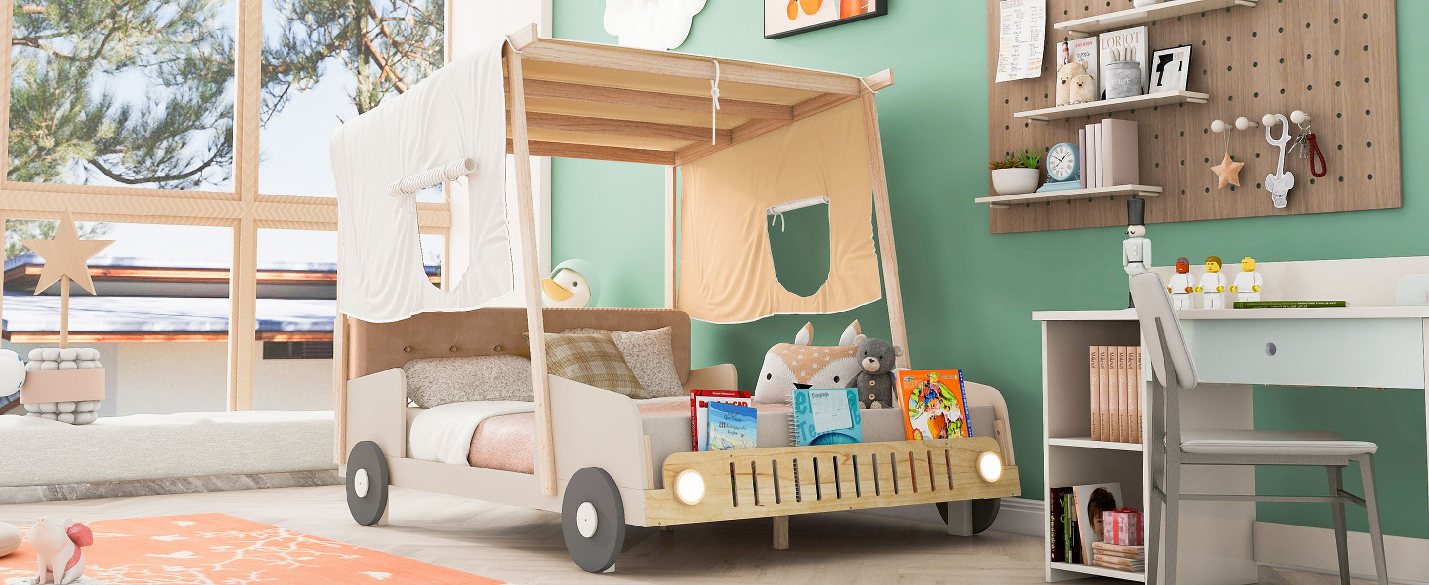 CoSoTower Wood Full Size Car Bed with Pillow, Ceiling Cloth and Led, Natural