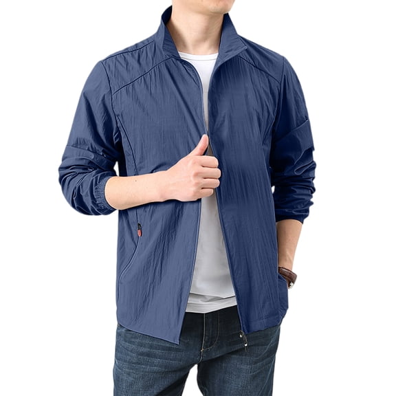 GrmtClth Men's Daily Commute Stand Collar Zip Up Windbreaker Lightweight Quick Dry Breathable Sun Protection Coat For Spring Summer Outdoor Activities Dark Blue S