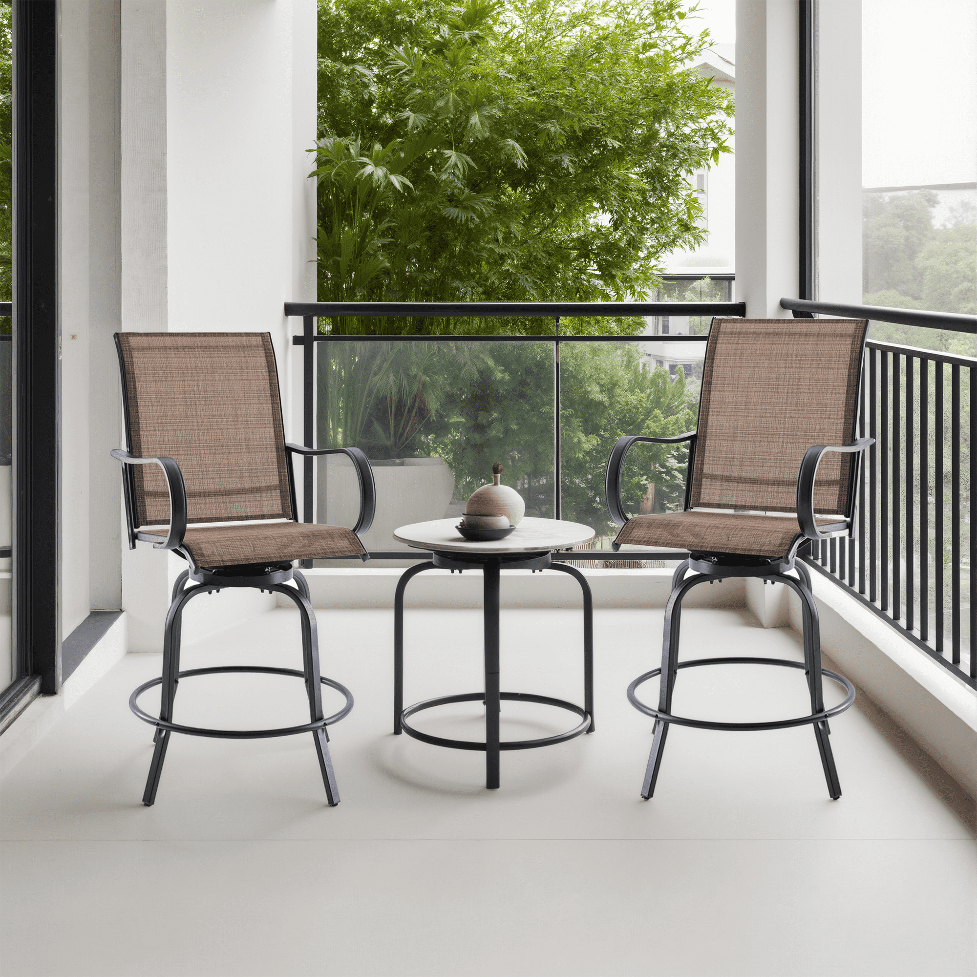 MAYEERTY 4-Piece Outdoor Bar Height Tall Stools Set,Textilene,360°Swivel, Ergonomic for Balcony, Brown