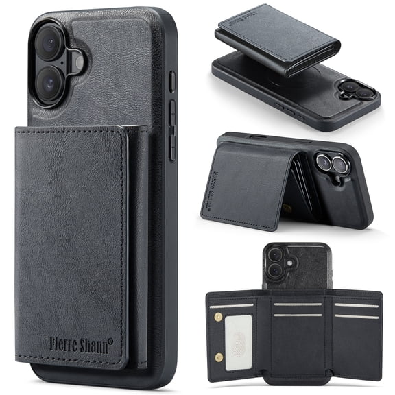 PU Leather Wallet Case for iPhone 16 Plus, Tri-Fold Detachable Magnetic Card Bag, RFID Blocking Kickstand Magnetic Closure Classic Business Drop Protection Cover for iPhone 16 Plus, Black