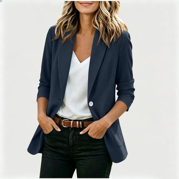 Women's Long Sleeve Blazer - Lightweight Breathable Fully-Lined Slim Office Jacket with Pockets