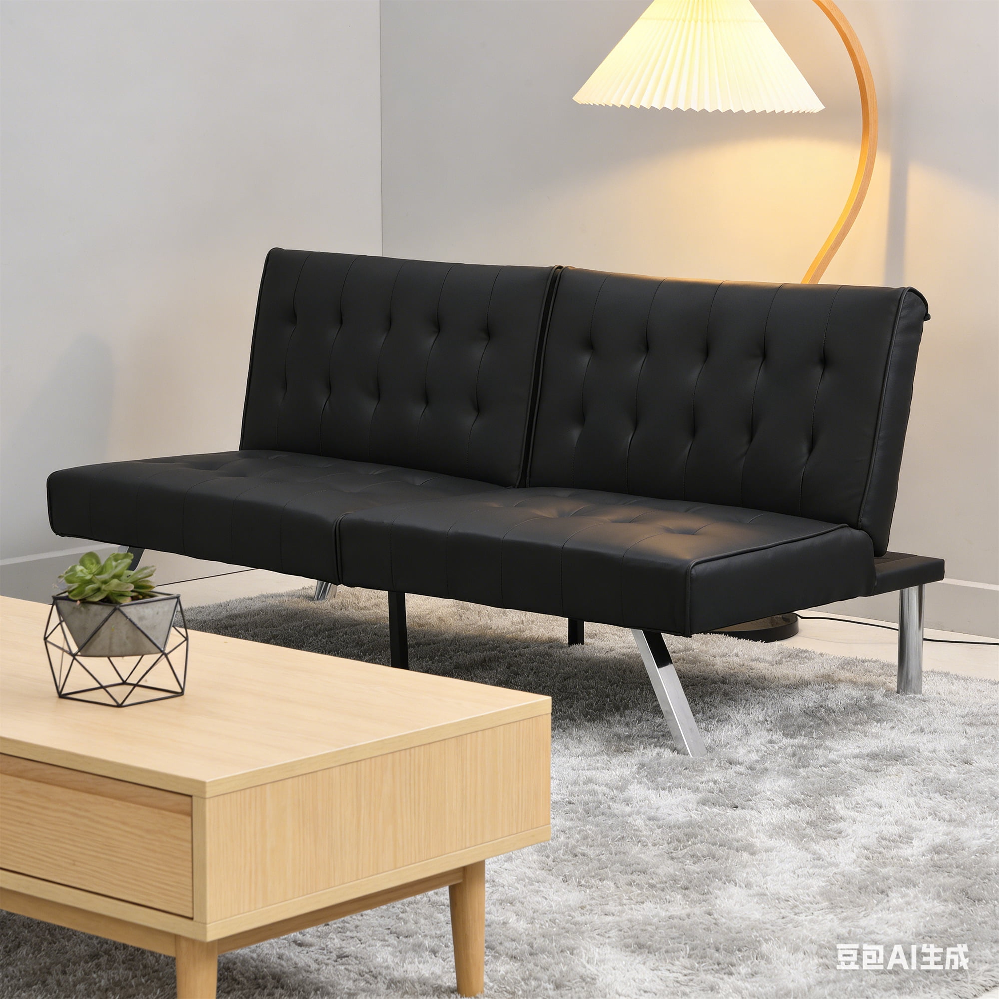 Aukfa 67" Tufted Futon Convertible Sofa Bed Separate Back Chaise Couch for Home Office, Leather, Black