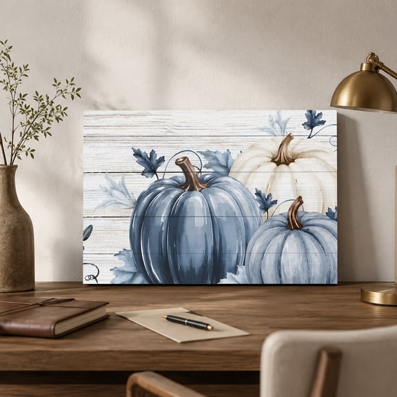 Thanksgiving Canvas Wall Art, Fall Farm Harvest Blue White Pumpkin Flowers Wood Grain Wall Art Prints Artwork Framed Canvas Ready to Hang Art Pictures for Bathroom Nightstand, Narrow Hallway 14"x11"