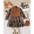 thumbnail image 3 of Kucnuzki 4T Toddler Girl Outfit Set 5T Kid Child Skirt Set Long Sleeves Plaid A-line Dress Bowknt Tie One-piece Dresses Knitted Tank Top with Bag 3pcs Sweet Clothing Brown, 3 of 10