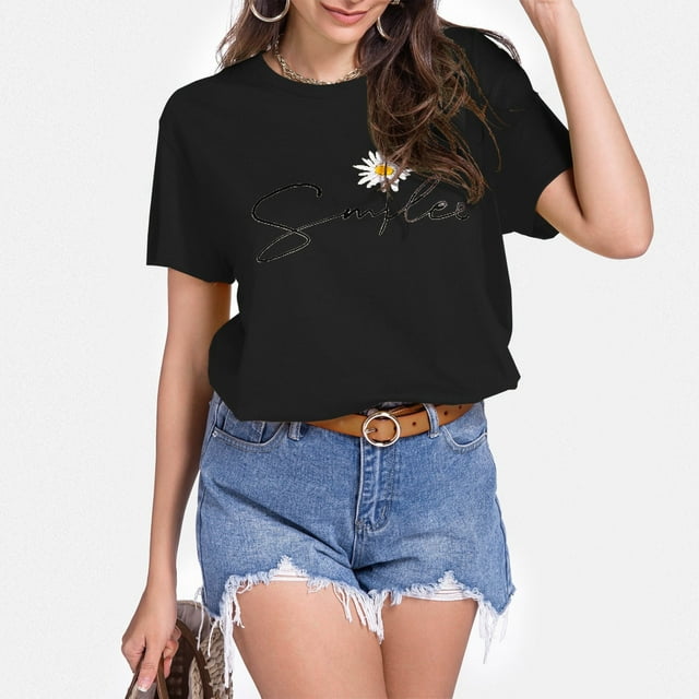 UANWENN T-Shirt à Manches Courtes Col Rond Motif Tournesol pour Femmes, T-Shirt Uni, Pack de T-Shirts Amples pour Exercice