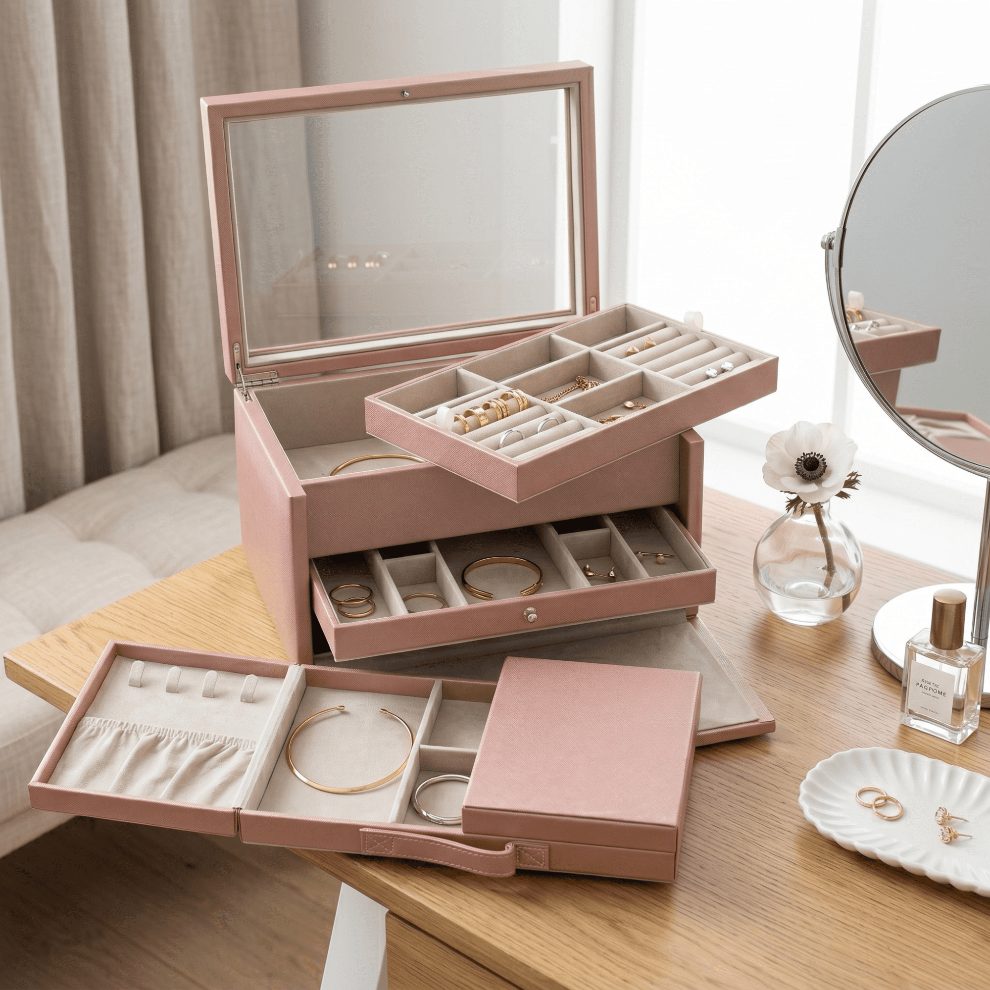 Hives and Honey Blush Table Top Wood Jewelry Storage Chest for Women