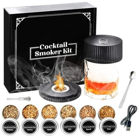 Electric Whiskey Smoker Kit with 6 Wood Chips, Rechargeable Whisky Smoker Kit, No Butane Needed,Birthday, Father's Day, Christmas Bourbon Whisky Gifts for Men