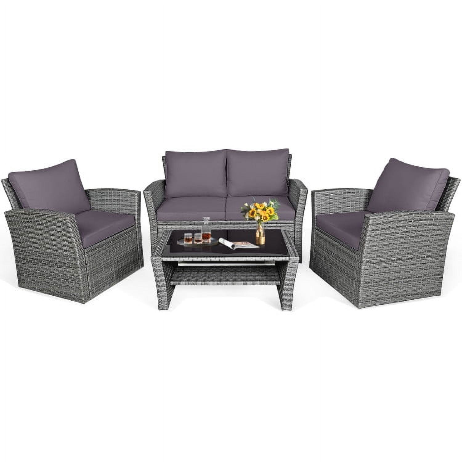 Aimee Lii 4 Pieces Wicker Patio Furniture Set Sofa Table with Storage Shelf Cushion, Modern Patio Furniture, Gray