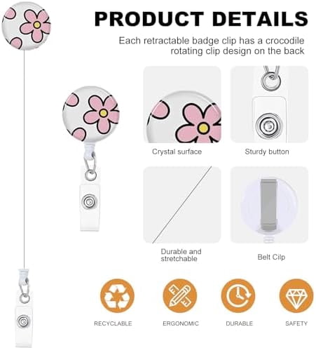 3 Set Flower ID Badge Holder with Clip Badge Reels Retractable Heavy Duty,Keychain，ID Holder for School Nurse Office 7