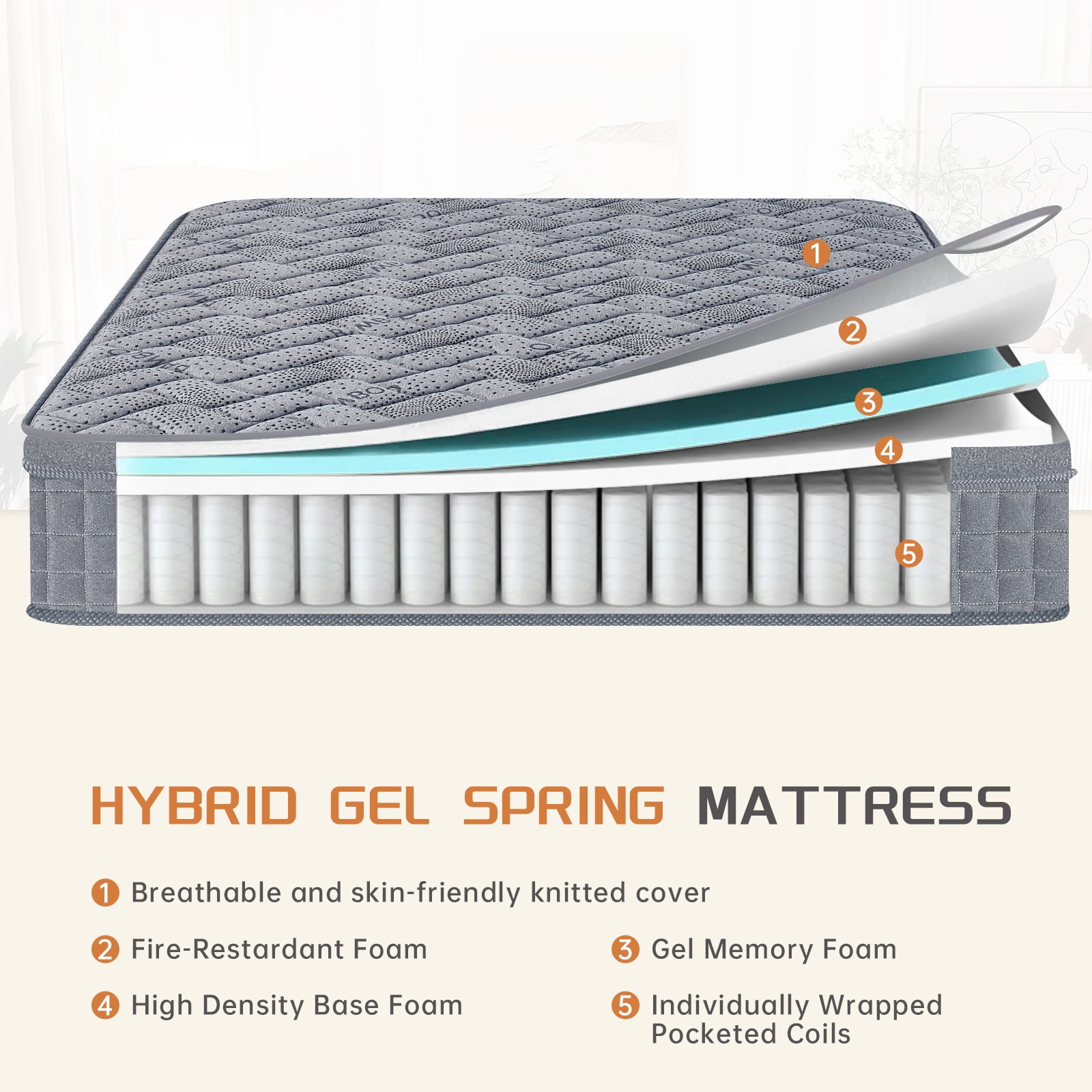 Twin Mattress, 12 Inch Hybrid Mattresses Grey, Euro Top Mattress Medium Firm for Back & Lumbar Support, Individual Pocket Spring Bed for Motion Isolation & Pressure Relief