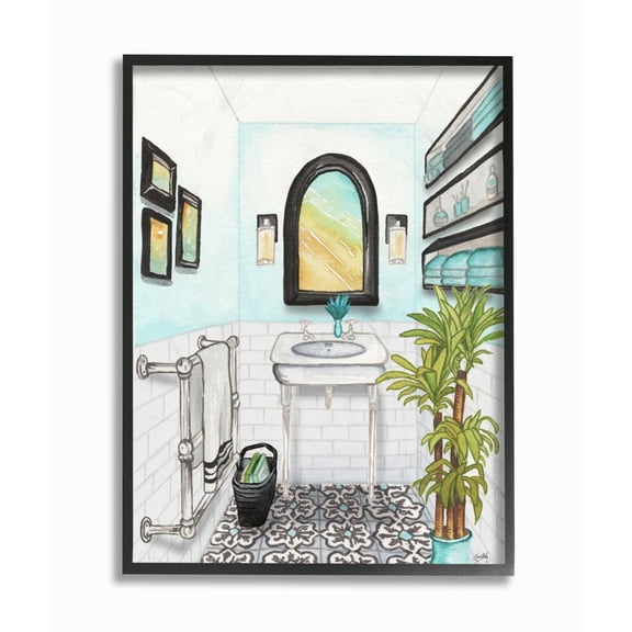 Stupell Industries Bathroom Blue Watercolor Painting Framed Giclee Texturized Art by Elizabeth Medley