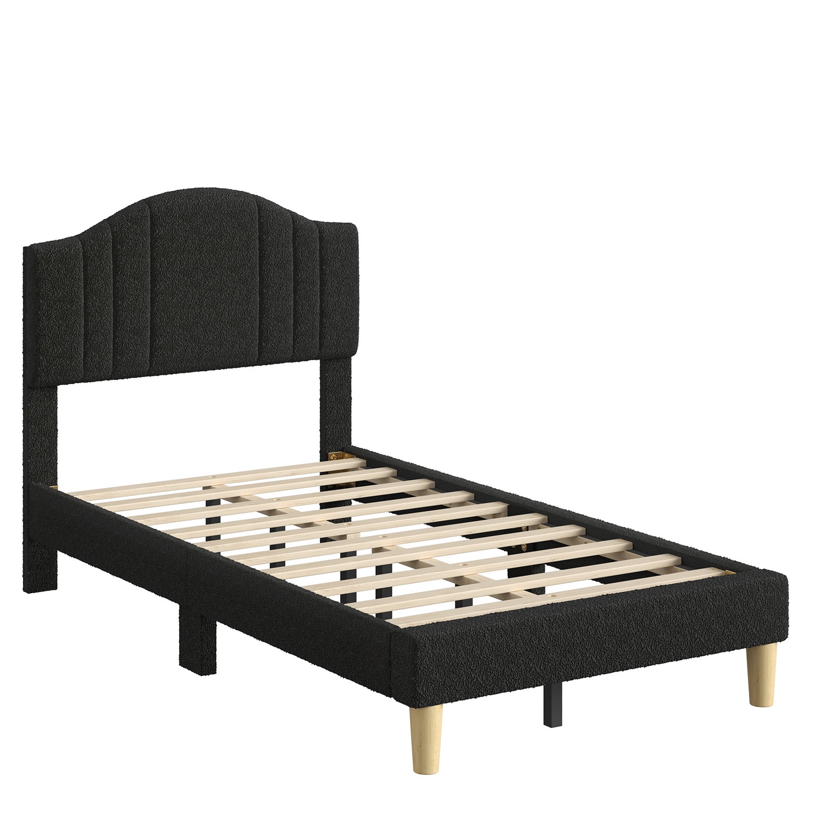 Pinmoco Twin Upholstered Bed Frame with Adjustable Arc-shaped Headboard, LED Platform Bed, Teddy Velvet Black