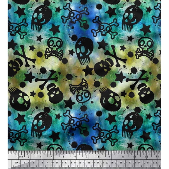 Soimoi Crepe Silk Fabric Star,Crossbones & Skull Halloween Fabric Prints by Yard 42 Inch Wide