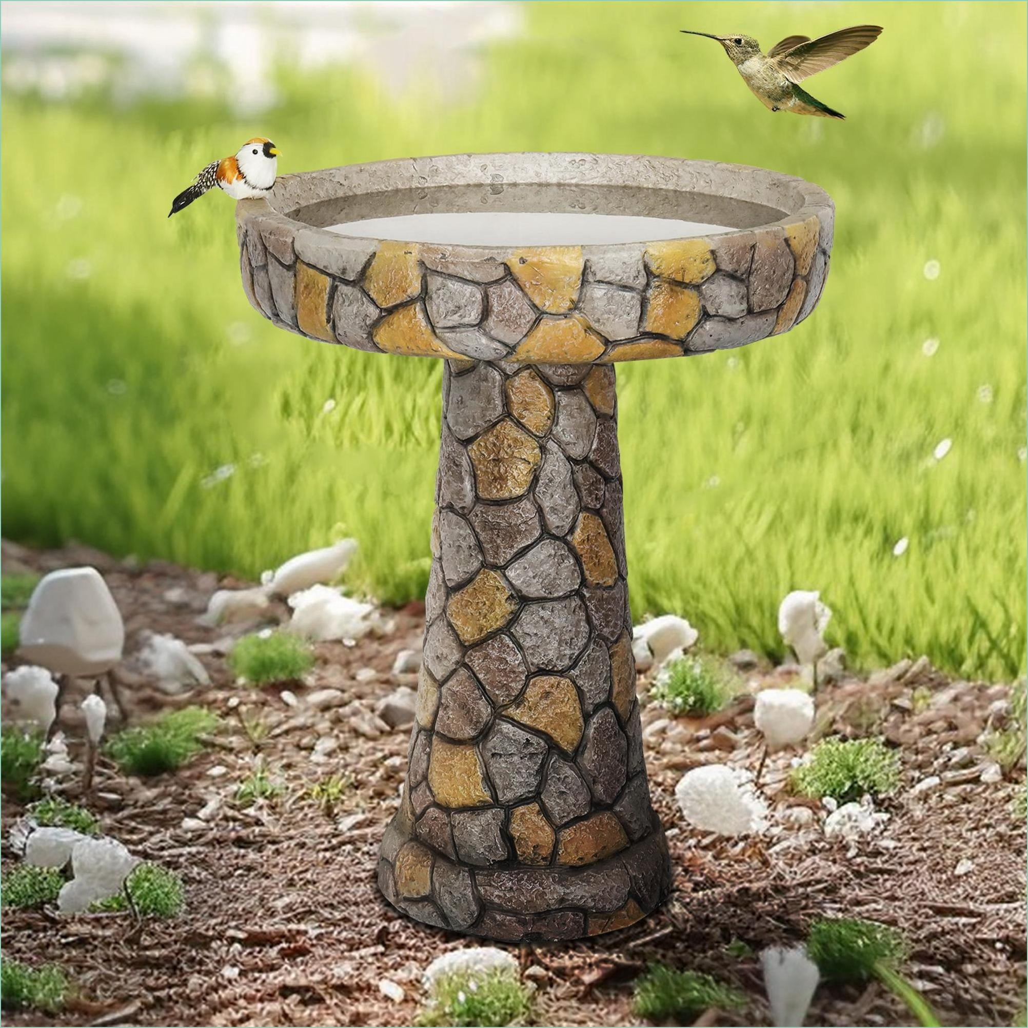 Bird Baths | 24" Tall Traditional Outdoor Garden Pedestal Bird Bath, Antique Stone Finish | Mosaic Stone | Concrete Cement