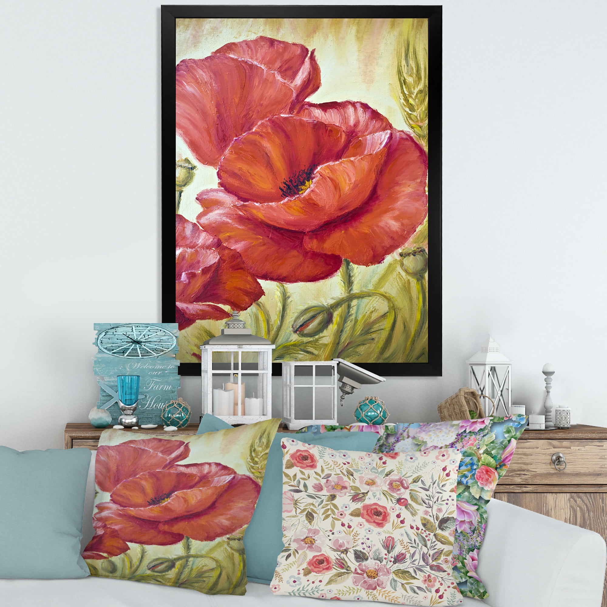 Designart 'Blossoming Red Poppies In Wheat Fields I' Traditional Framed Art Print
