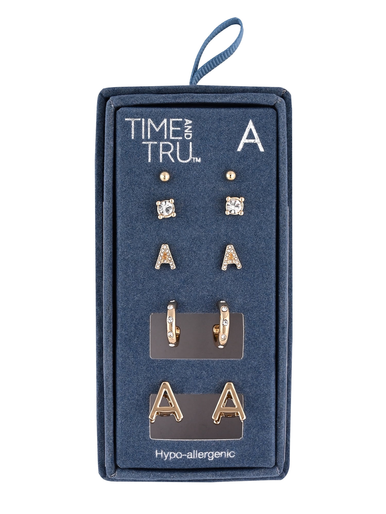 Time and Tru Goldtone 5pc Crystal Studs Hoop Initial "A"Earring Set