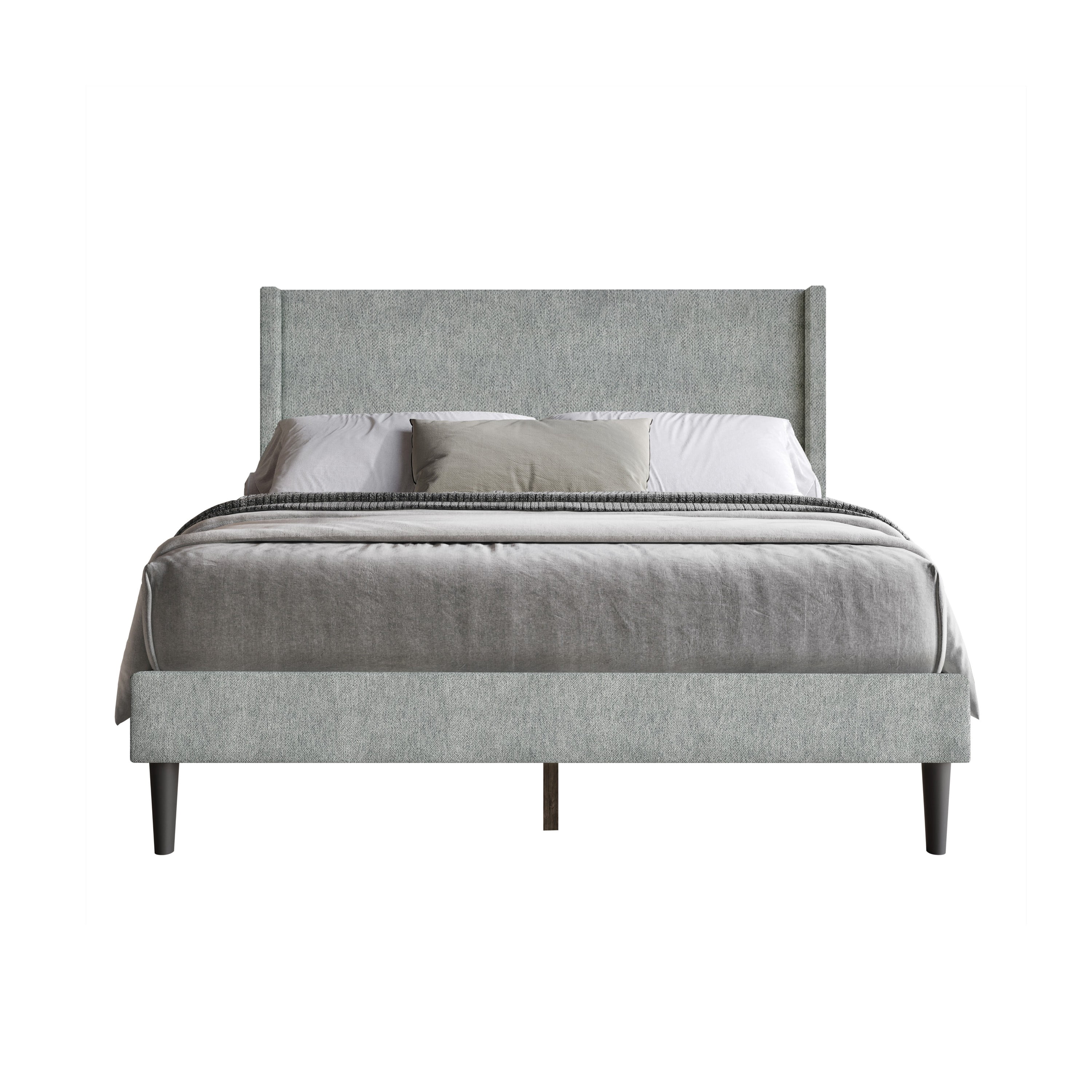 Home Design Bangor Full Upholstered Wingback Platform Bed Frame, Linen, No Box Spring Required, Light Gray