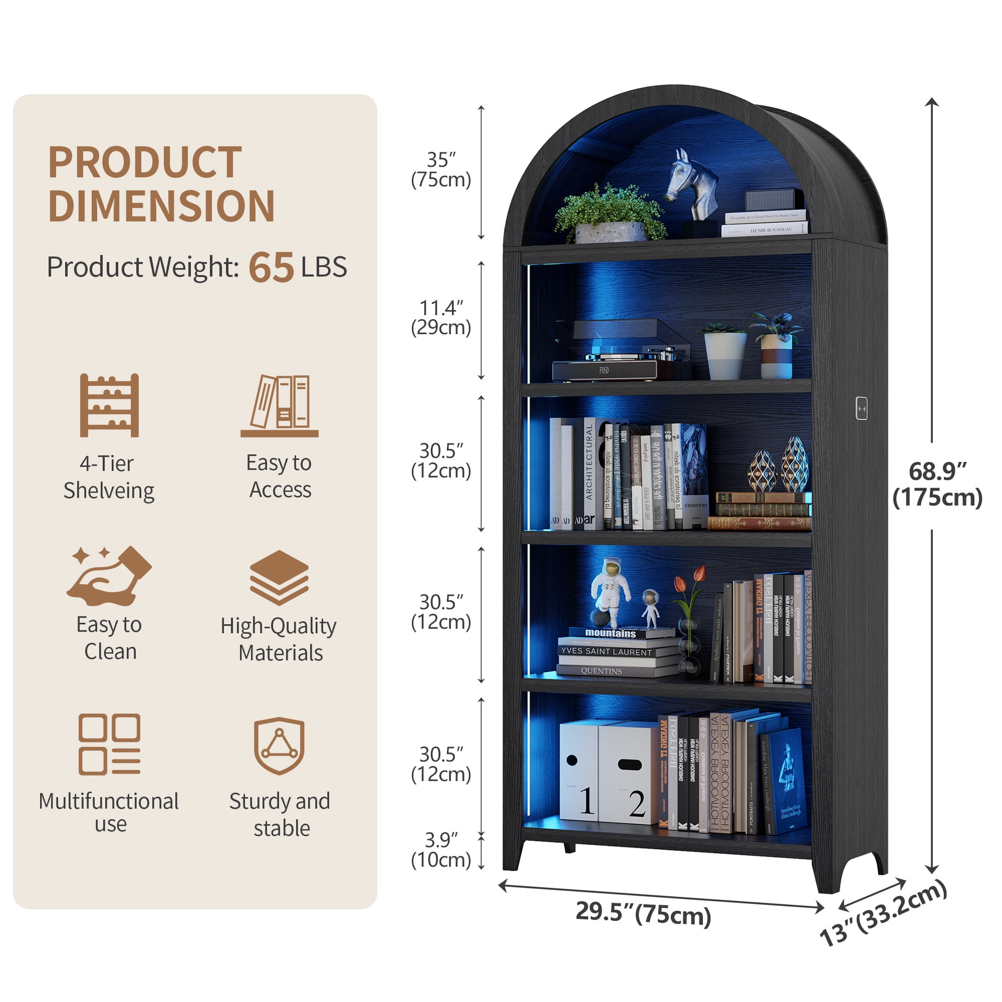 VKCC 68.9" Arched LED Bookcase with 5 Shelves, Modern Bookshelf for Living Room Office, Black