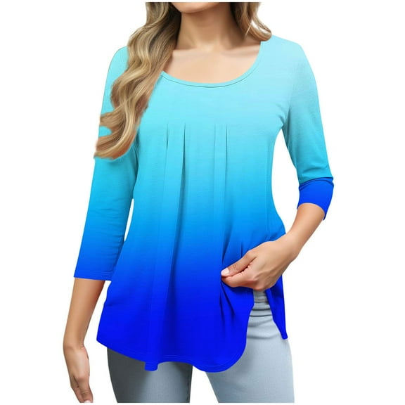 Delliss Women's Gradient Print Shirt 3/4 Sleeve Pleated Comfy Basic Top Blue XL