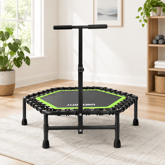 Green Hexagonal Mini Rebounder Trampoline with Adjustable Handle for Adult Home Fitness