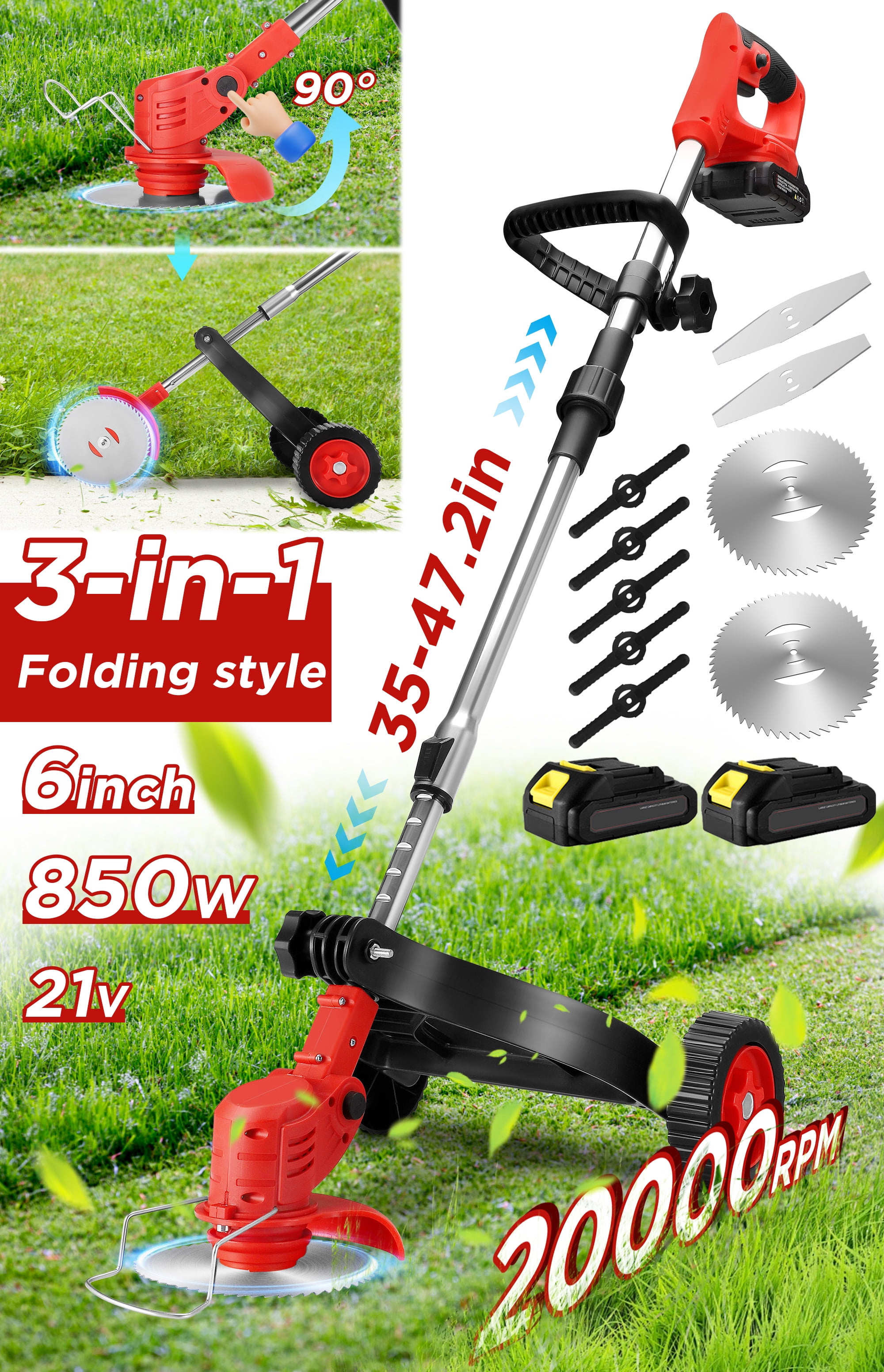 RELOIVE Weed Eater,Cordless Weed Trimmer,Electric Weed Wacker, with 2PCS 4000mAh Batteries and Charger, 6-in-1 String Trimmer with Wheels, 43.3''-53.1'' Adjustable for Garden Yard