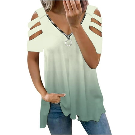 

kakina CMSX Womens Plus Size Tops Clearance Women s Printed Blouse V-neck Short Sleeve Loose T-shirt Zipper Tops