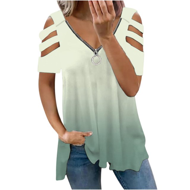 Elegante blusa estampada con cuello en V para mujer, camiseta suelta de manga corta con cremallera OAVQHLG3B Store lin121212