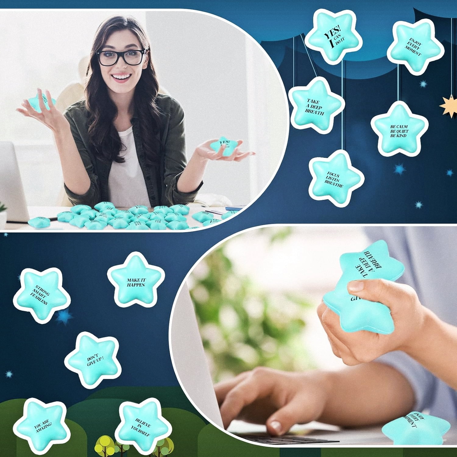 Inspirational Blue Star Stress Balls Set of 100 for Fidget Relief and Gifts