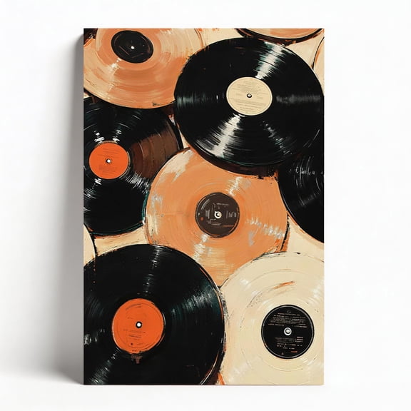 "Impasto Vinyl Record Collage" Canvas Wall Art, Retro Music Framed Decor, Textured Record Painting for Bedroom Living Room, Music Lover & Vintage Home Decor Ready to Hang 12"x18"