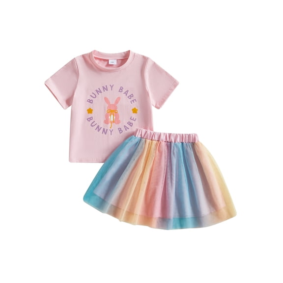 Qmyliery Kids Girls Easter Outfit, Short Sleeve Letters Bunny Print T-shirt with Tulle Skirt Summer Outfit 3 4 5 6 7 Years