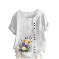 thumbnail image 3 of QIUOMBBP Womens Crew Neck Linen Tshirts Roll Up Short Sleeve Plus Size Floral Print Tops Loose Lightweight Summer Casual Shirts White XXXXL, 3 of 5