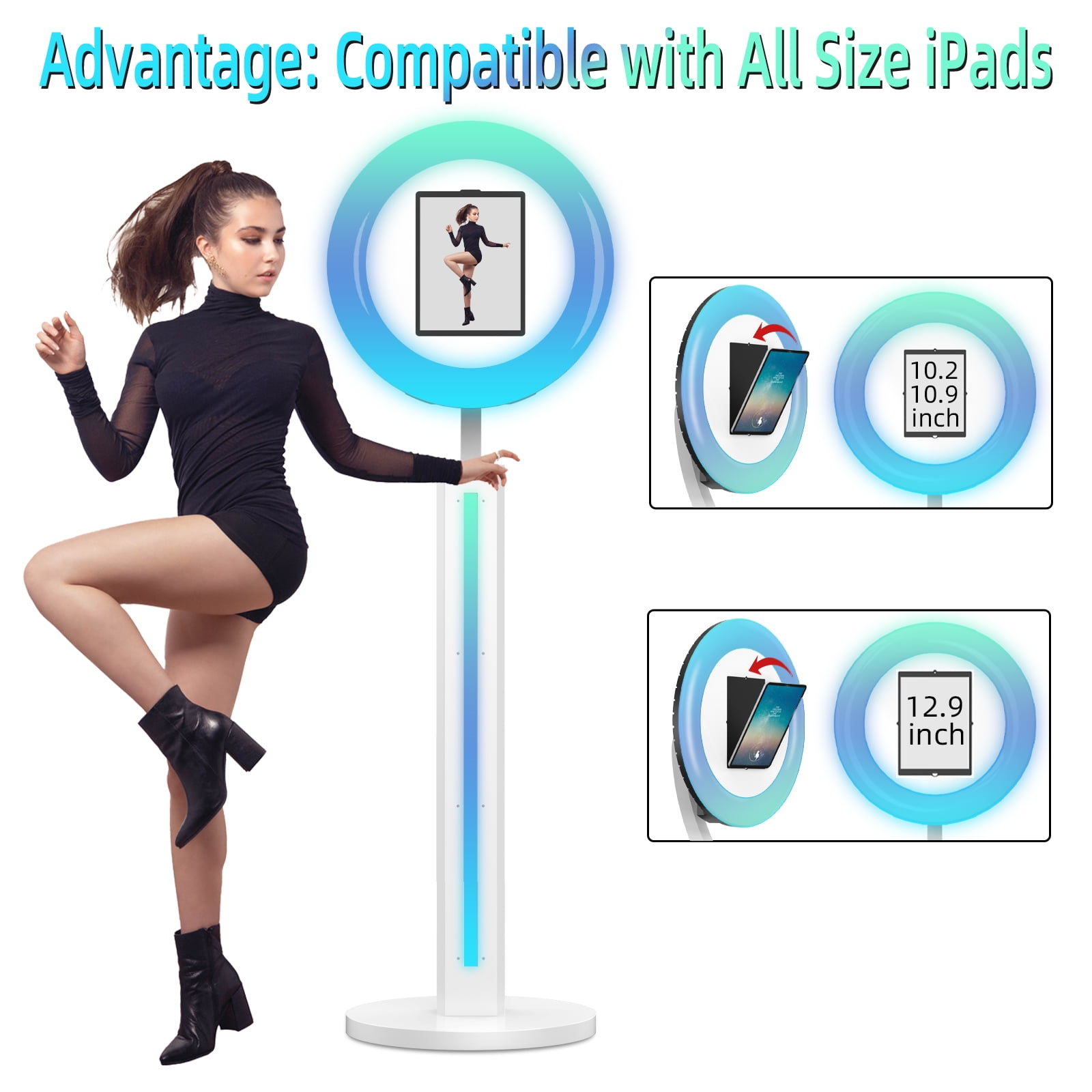 MWE Ipad Photo Booth with Ring Light Stand Compatible 10.2in 10.9in 12.9in, APP Control Light Box, Music Sync, Flight Case