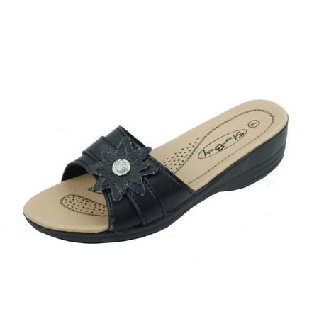 

Brand New Women s Slip-On Low Wedge Comfort Sandals Black Size 9
