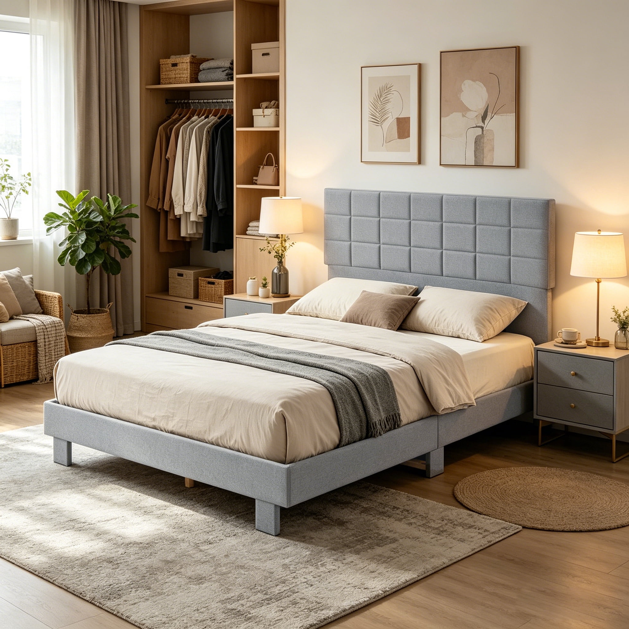 BSHTI Full Bed Frame with Adjustable Headboard, Linen Upholstered Platform Bed Frame with Wooden Slats Support, No Box Spring Needed for Bedroom, Guest Room, Apartment, Light Grey
