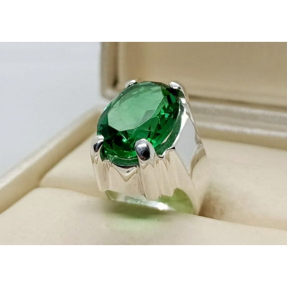 Oval Cut 16 Carat Rich Green Emerald Mens Oval Shape Ring Sterling Silver 925 Handmade Zamurd Ring
