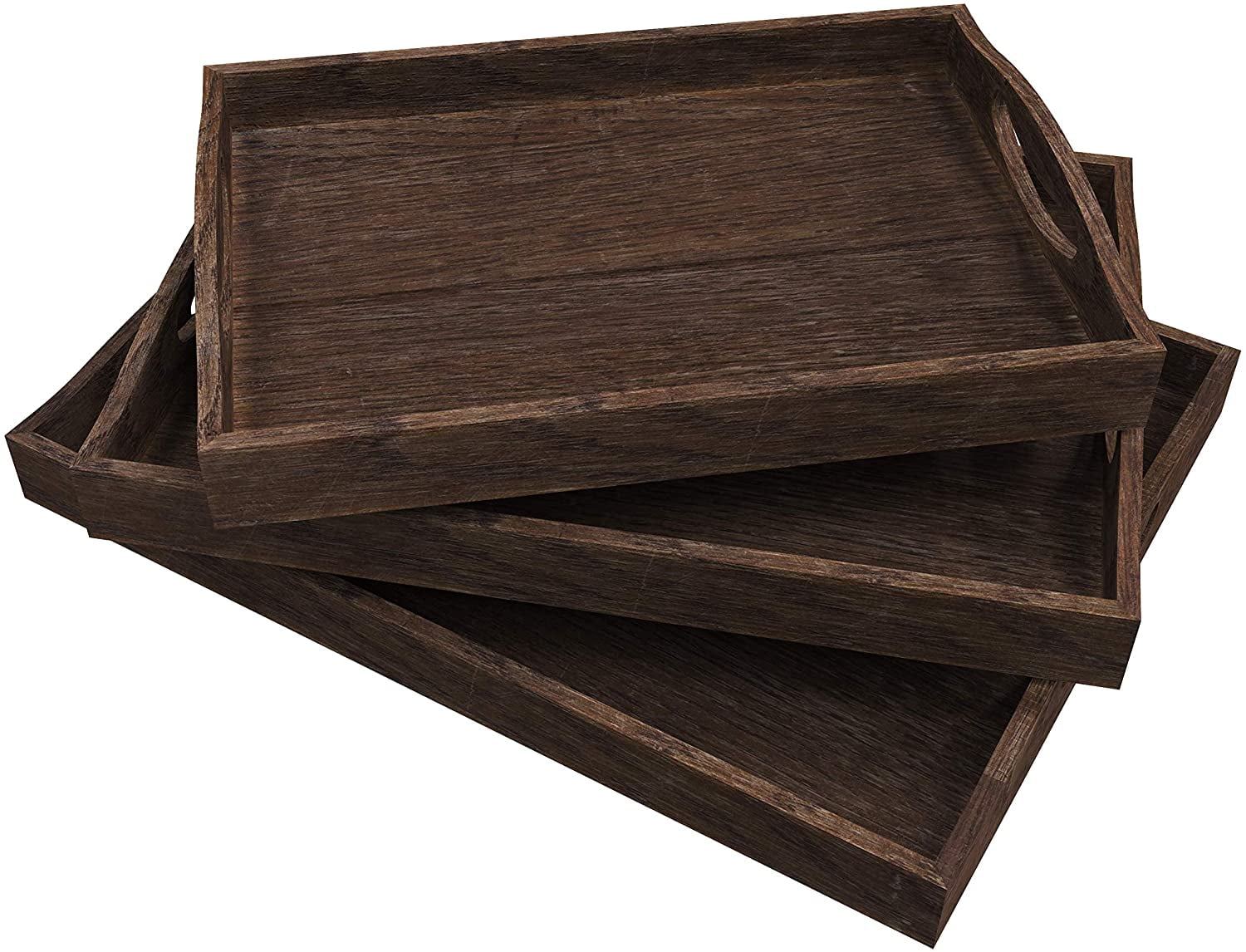 Coffee Table/Butler & More Set of 3 Medium and Small Light & Sturdy Paulownia Wood Large Nesting Multipurpose Trays for Breakfast Rustic Blue Rustic Wooden Serving Trays with Handle