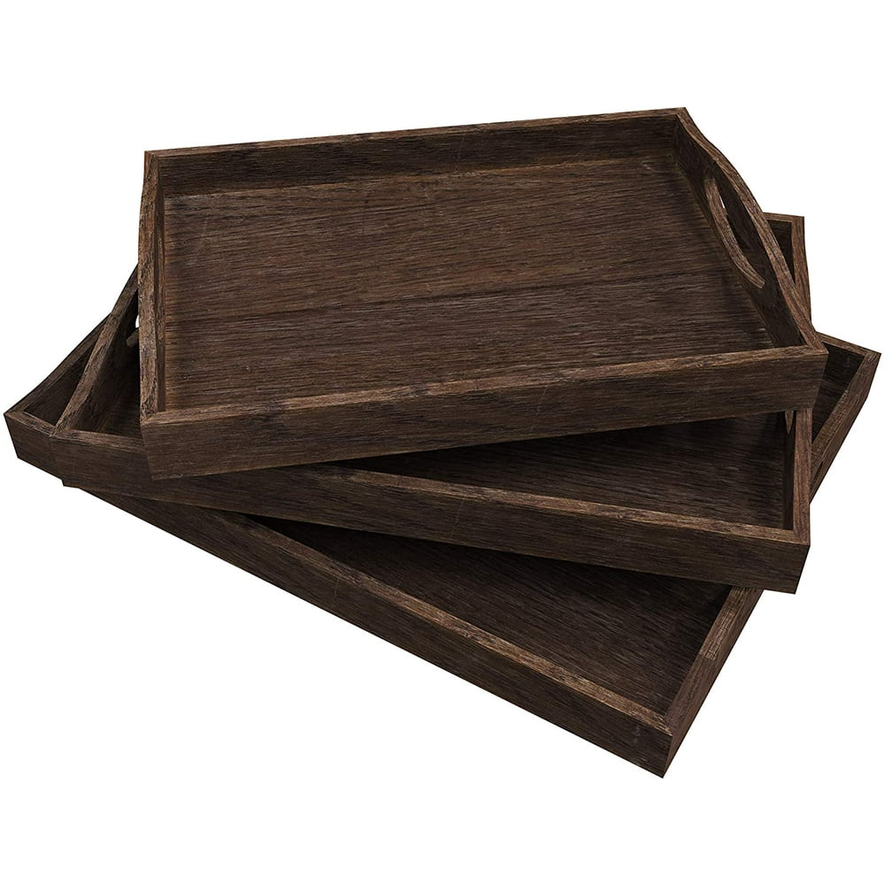 Rustic Wooden Serving Trays with Handle Set of 3 Large, Medium and