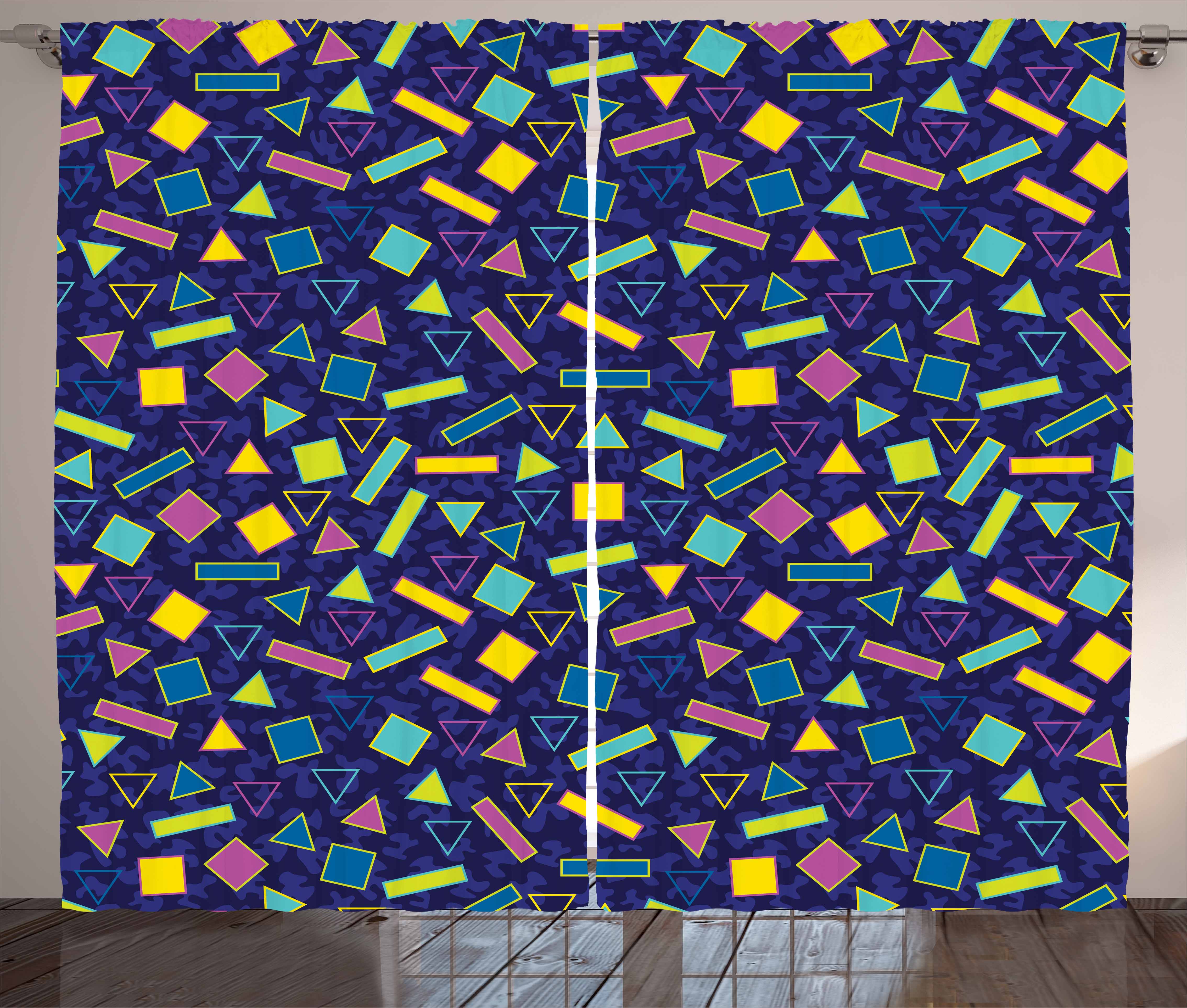 Funky Curtains 2 Panels Set, Retro 80`s Memphis Fashion Style Vibrant