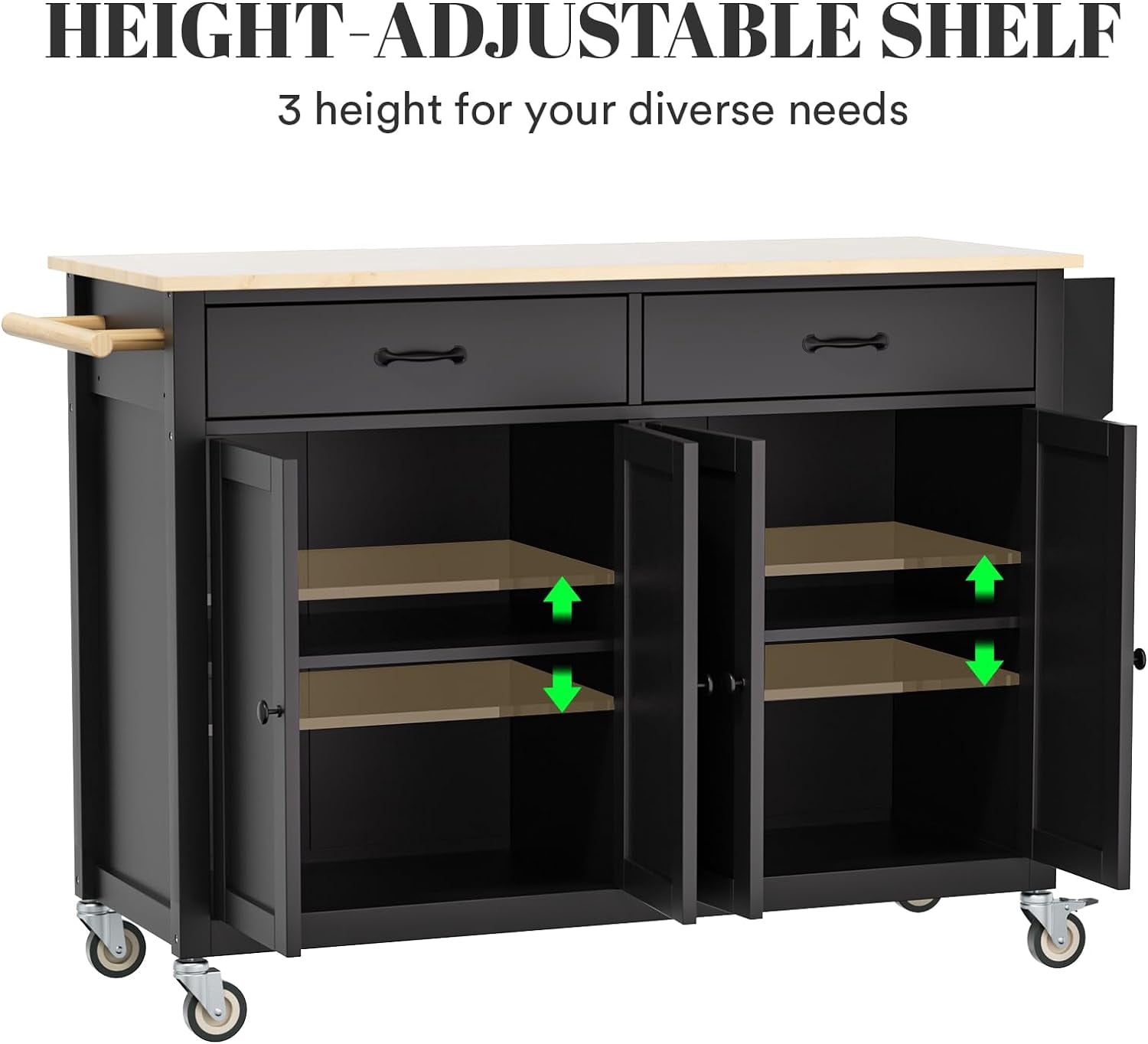 ZIVACATE Kitchen Island Cart with Solid Wood Top Mobile Carts Portable Islands on Wheels, Black