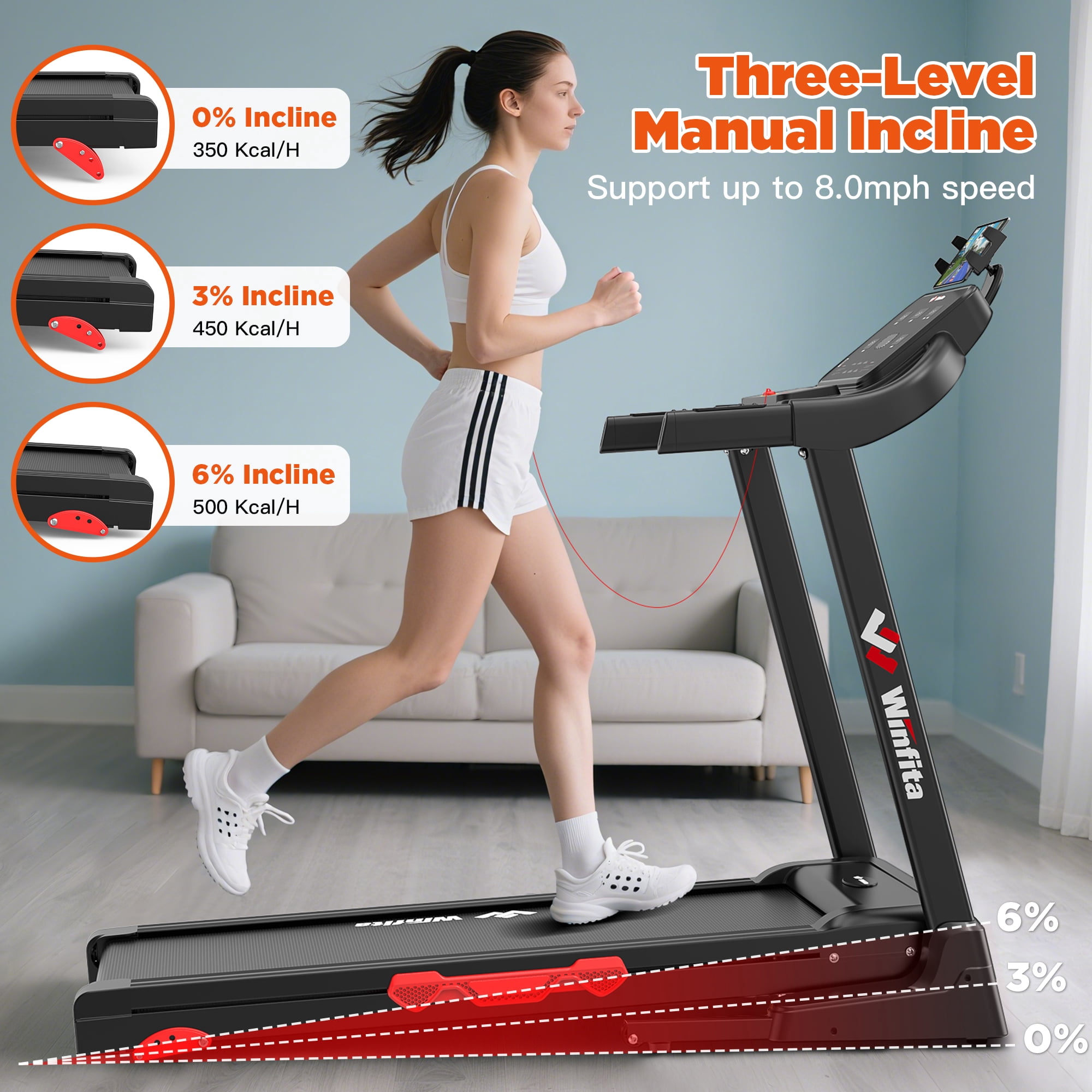 Winfita Foldable Treadmill with 6% Manual Incline for Home, 8 MPH Speed, 300 LB Capacity, 42"x17" Belt, App & Bluetooth Speakers, Tablet Holder, Pause Function, 64 Preset Programs, Black